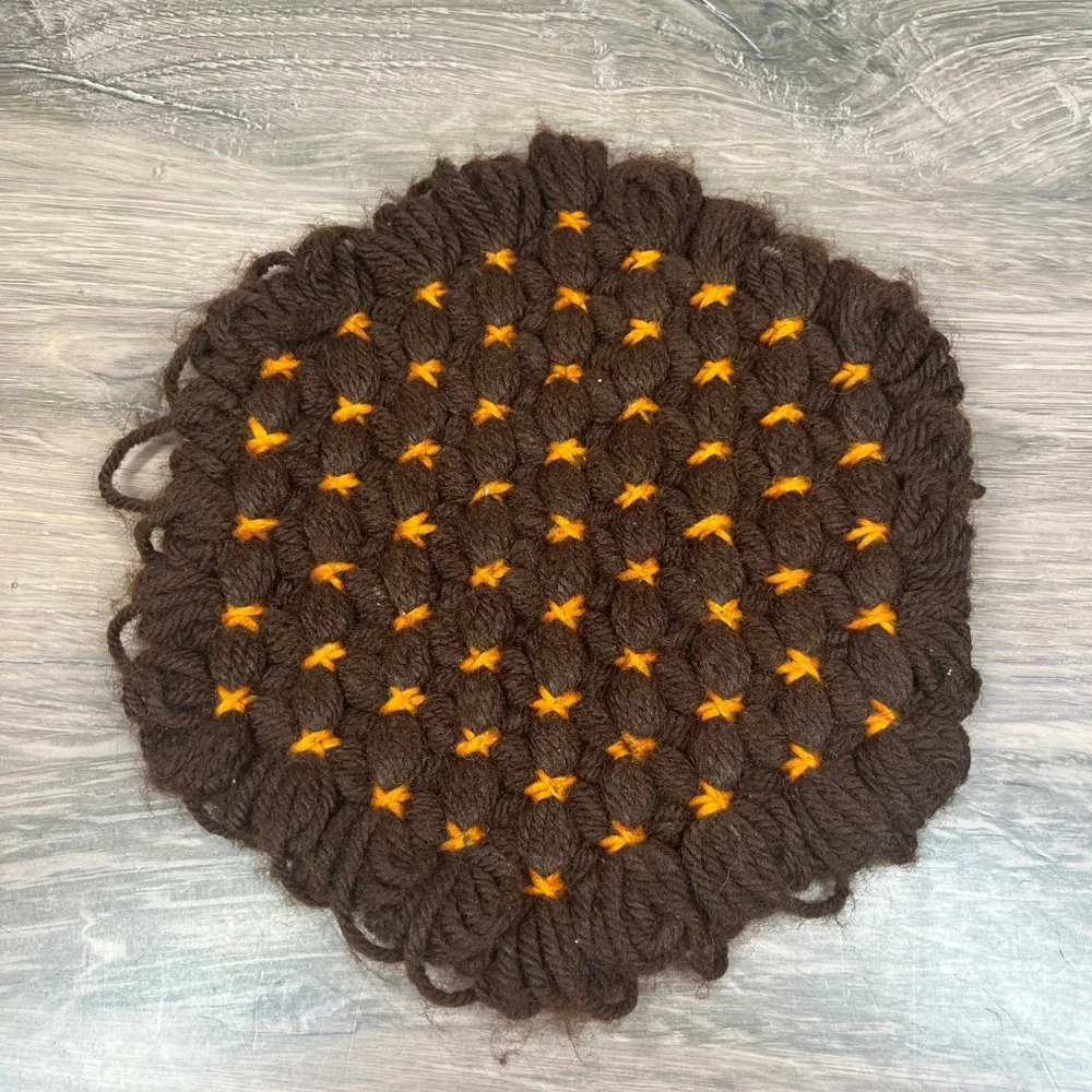 Handmade Loom Knit Yarn Trivets Set of 3 Orange Brown Retro Hot Pads 8 in